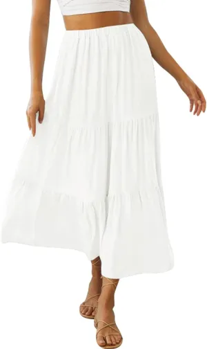 Women Plaid Tiered Maxi Skirt Elastic High Waist Vintage Gingham Pleated Long Skirt Y2K Flowy Swing A Line Skirt