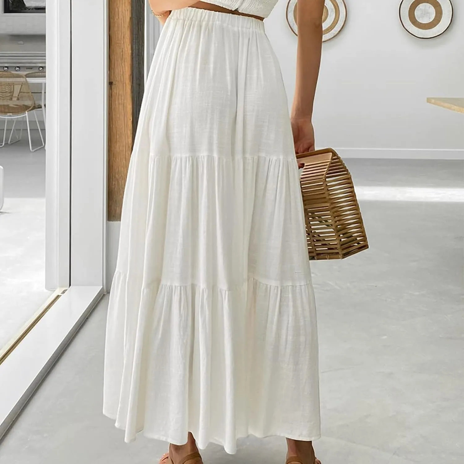 Women Plaid Tiered Maxi Skirt Elastic High Waist Vintage Gingham Pleated Long Skirt Y2K Flowy Swing A Line Skirt