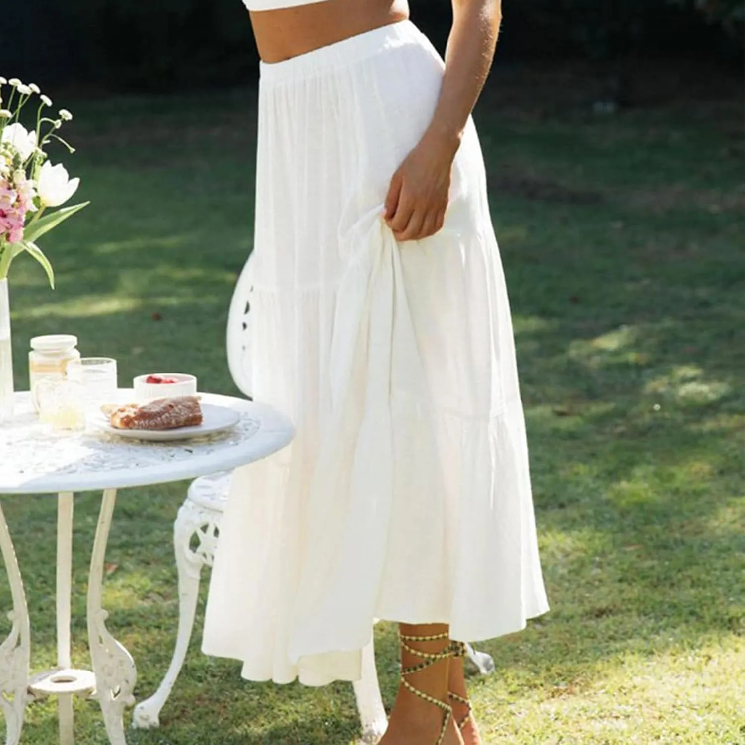 Women Plaid Tiered Maxi Skirt Elastic High Waist Vintage Gingham Pleated Long Skirt Y2K Flowy Swing A Line Skirt