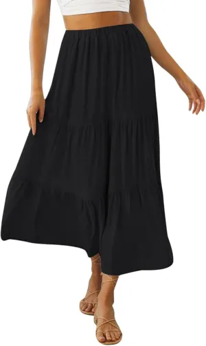 Women Plaid Tiered Maxi Skirt Elastic High Waist Vintage Gingham Pleated Long Skirt Y2K Flowy Swing A Line Skirt