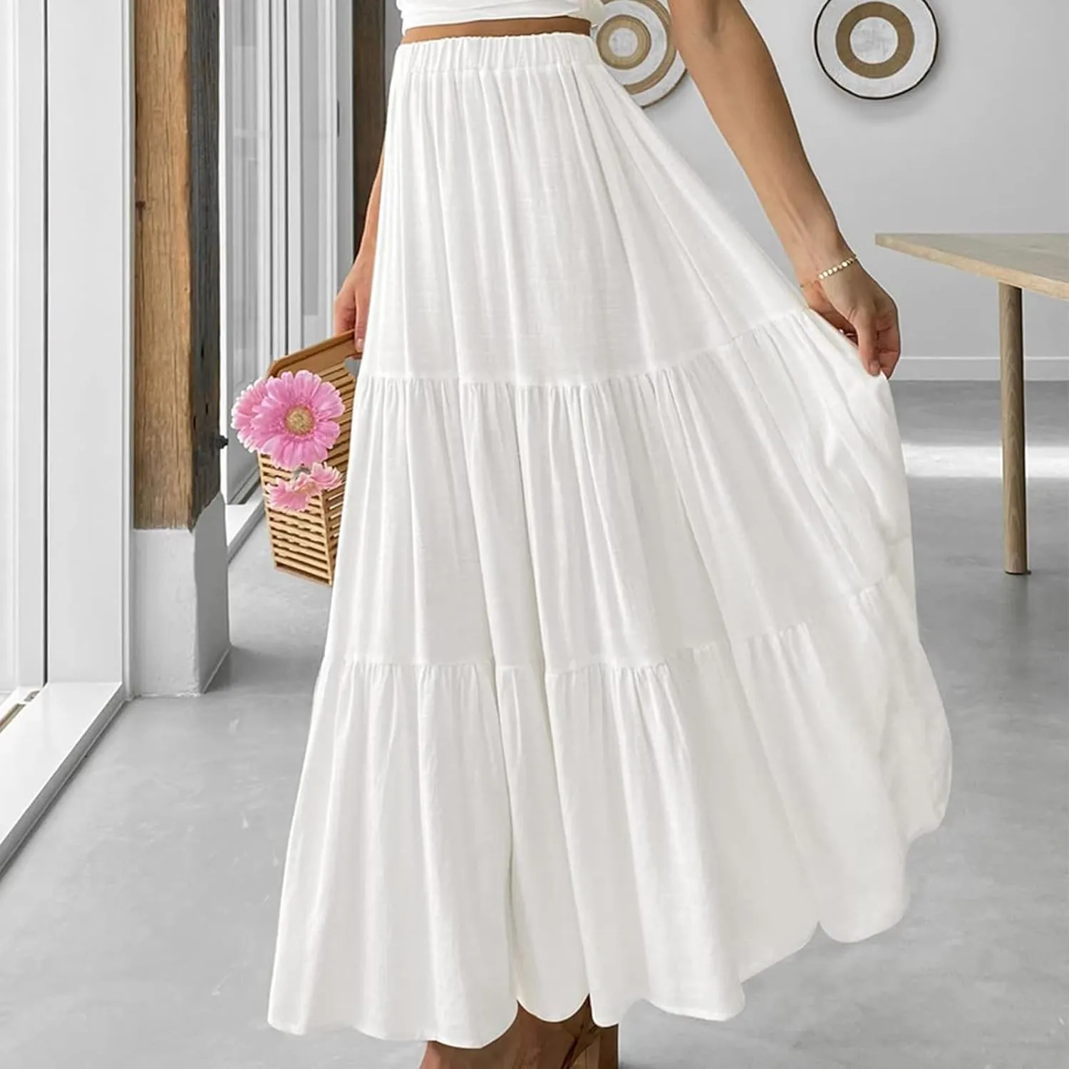 Women Plaid Tiered Maxi Skirt Elastic High Waist Vintage Gingham Pleated Long Skirt Y2K Flowy Swing A Line Skirt