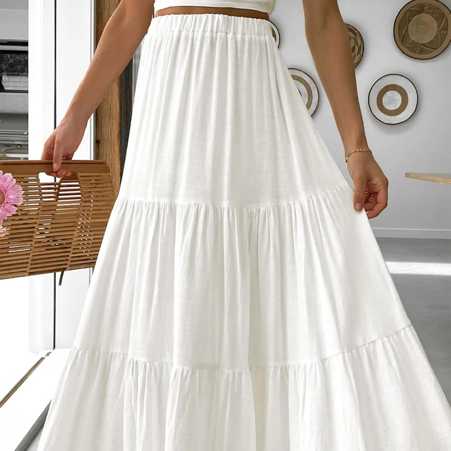 Women Plaid Tiered Maxi Skirt Elastic High Waist Vintage Gingham Pleated Long Skirt Y2K Flowy Swing A Line Skirt