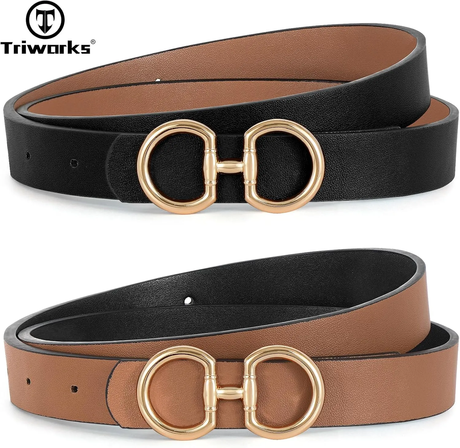 Women Reversible Leather Belt for Jeans Pants Fashion Ladies Belt with Gold Buckle