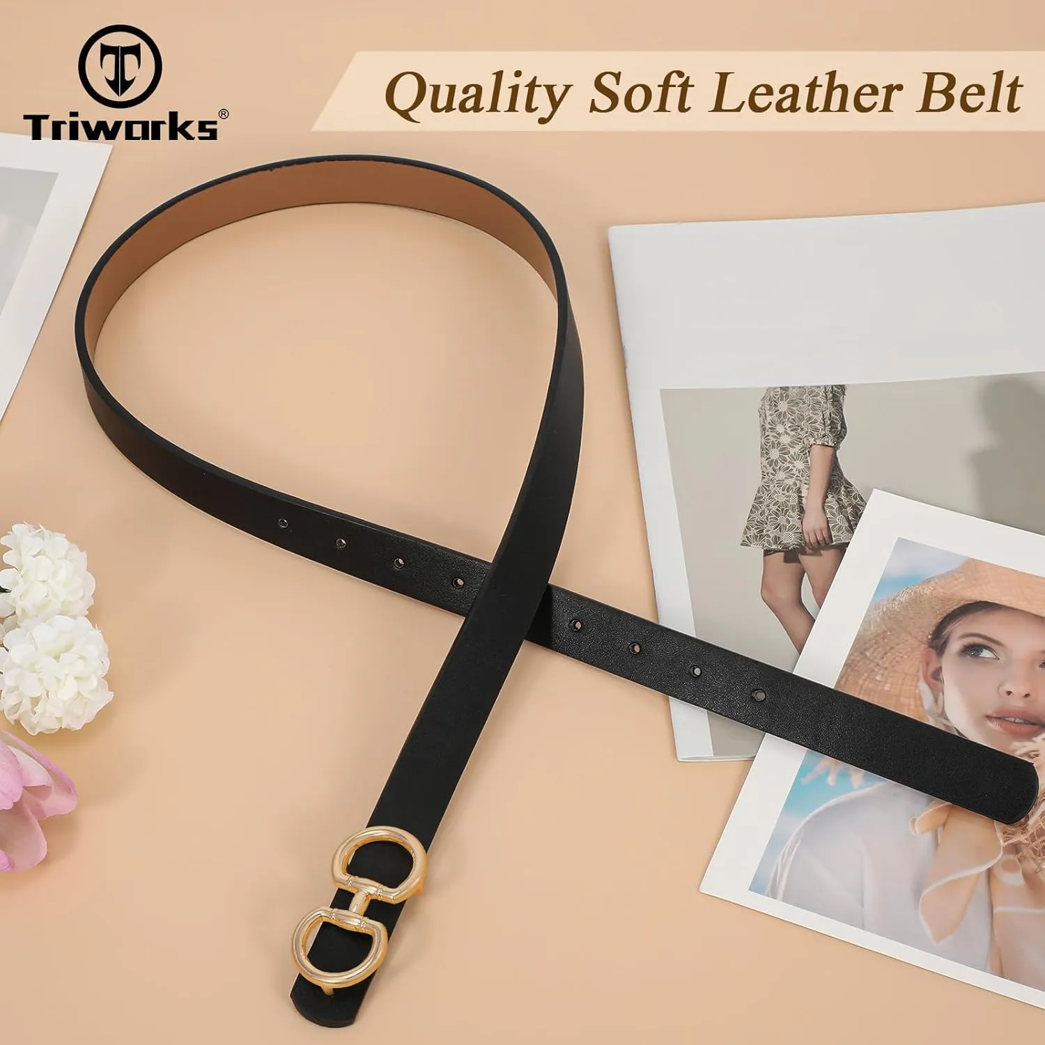 Women Reversible Leather Belt for Jeans Pants Fashion Ladies Belt with Gold Buckle