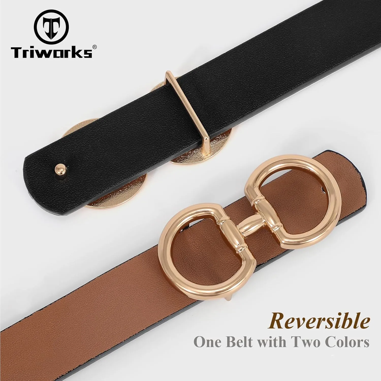 Women Reversible Leather Belt for Jeans Pants Fashion Ladies Belt with Gold Buckle