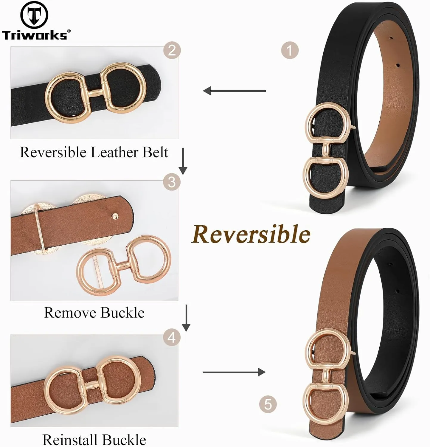 Women Reversible Leather Belt for Jeans Pants Fashion Ladies Belt with Gold Buckle