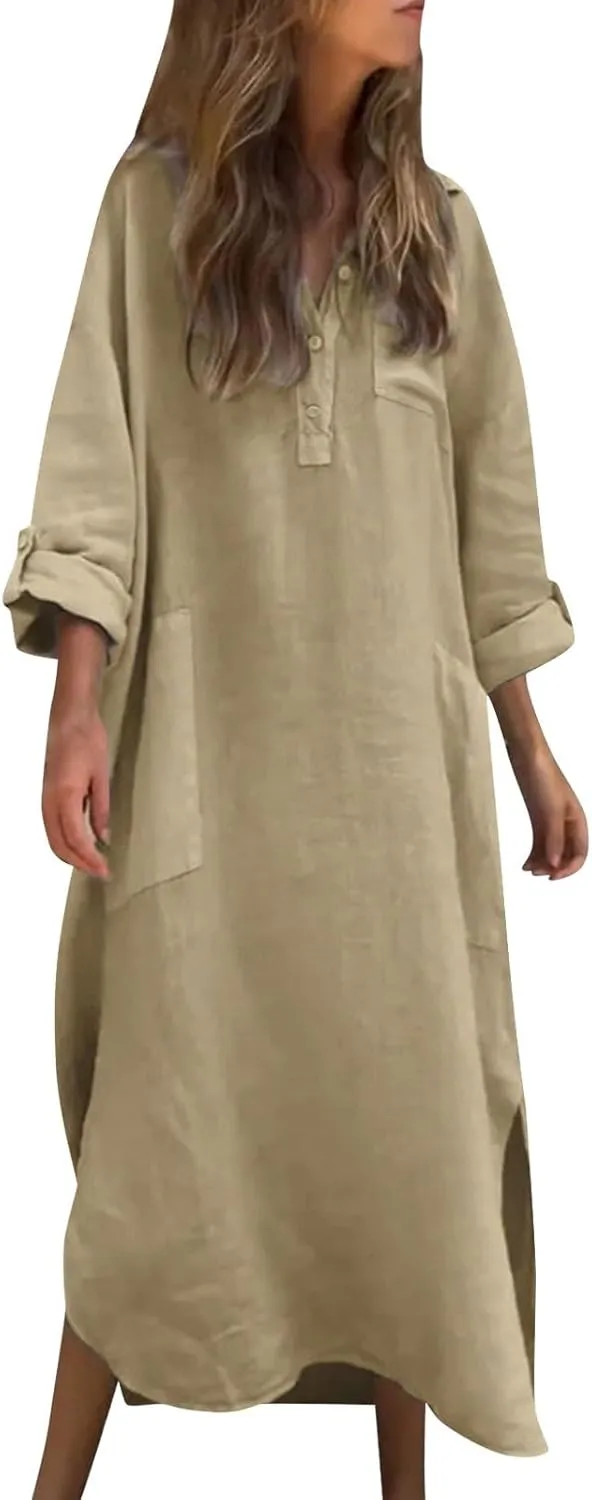 Women Rolled-Up 3/4 Sleeve Maxi Dress Summer Cotton Linen Casual Henley Shirt Dresses Curved Hem Flowy Beach Dress