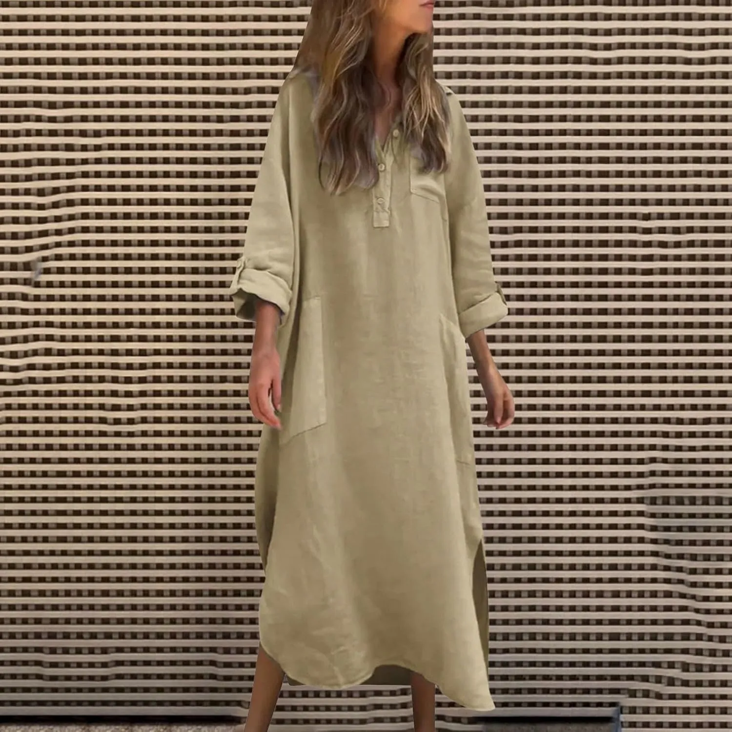 Women Rolled-Up 3/4 Sleeve Maxi Dress Summer Cotton Linen Casual Henley Shirt Dresses Curved Hem Flowy Beach Dress