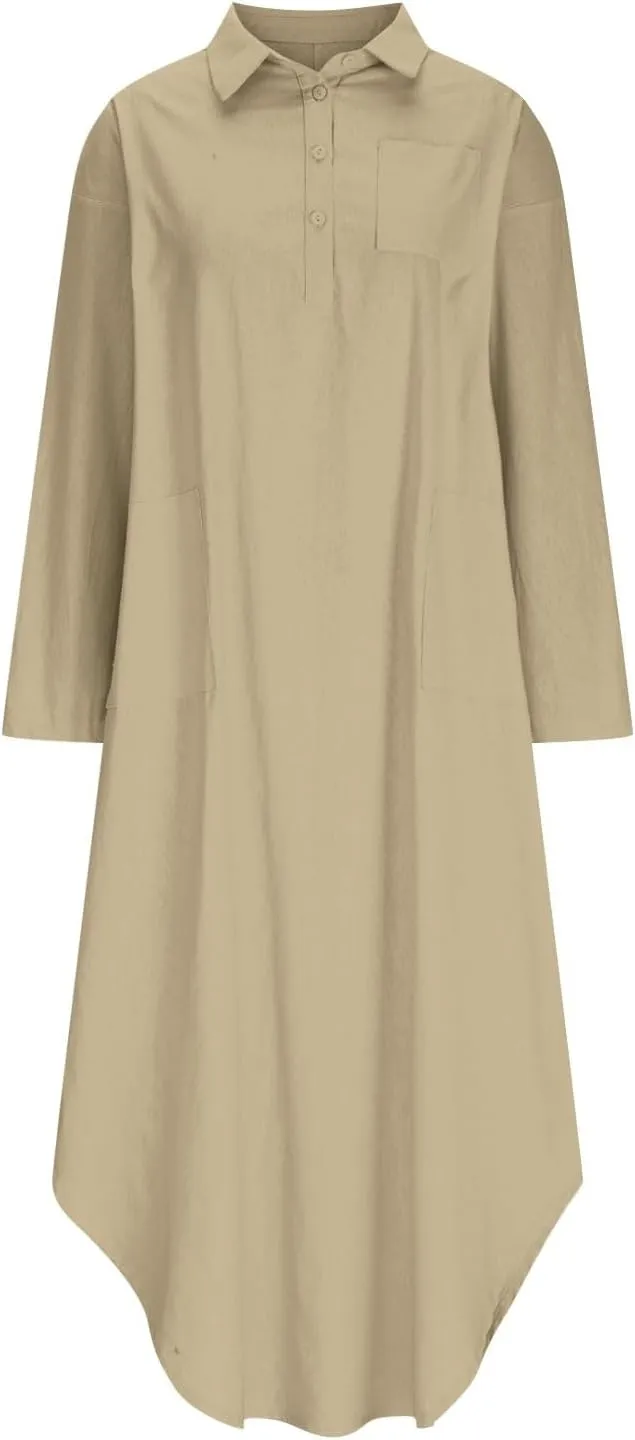 Women Rolled-Up 3/4 Sleeve Maxi Dress Summer Cotton Linen Casual Henley Shirt Dresses Curved Hem Flowy Beach Dress
