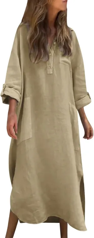 Women Rolled-Up 3/4 Sleeve Maxi Dress Summer Cotton Linen Casual Henley Shirt Dresses Curved Hem Flowy Beach Dress