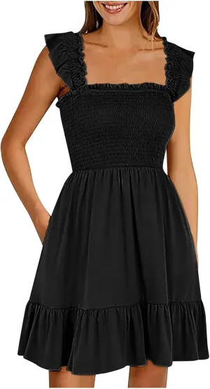 Women Summer Casual Sleeveless Square Neck Smocked Ruffle Backless Boho Mini Dress Flowy Beach Cute Swing Dress