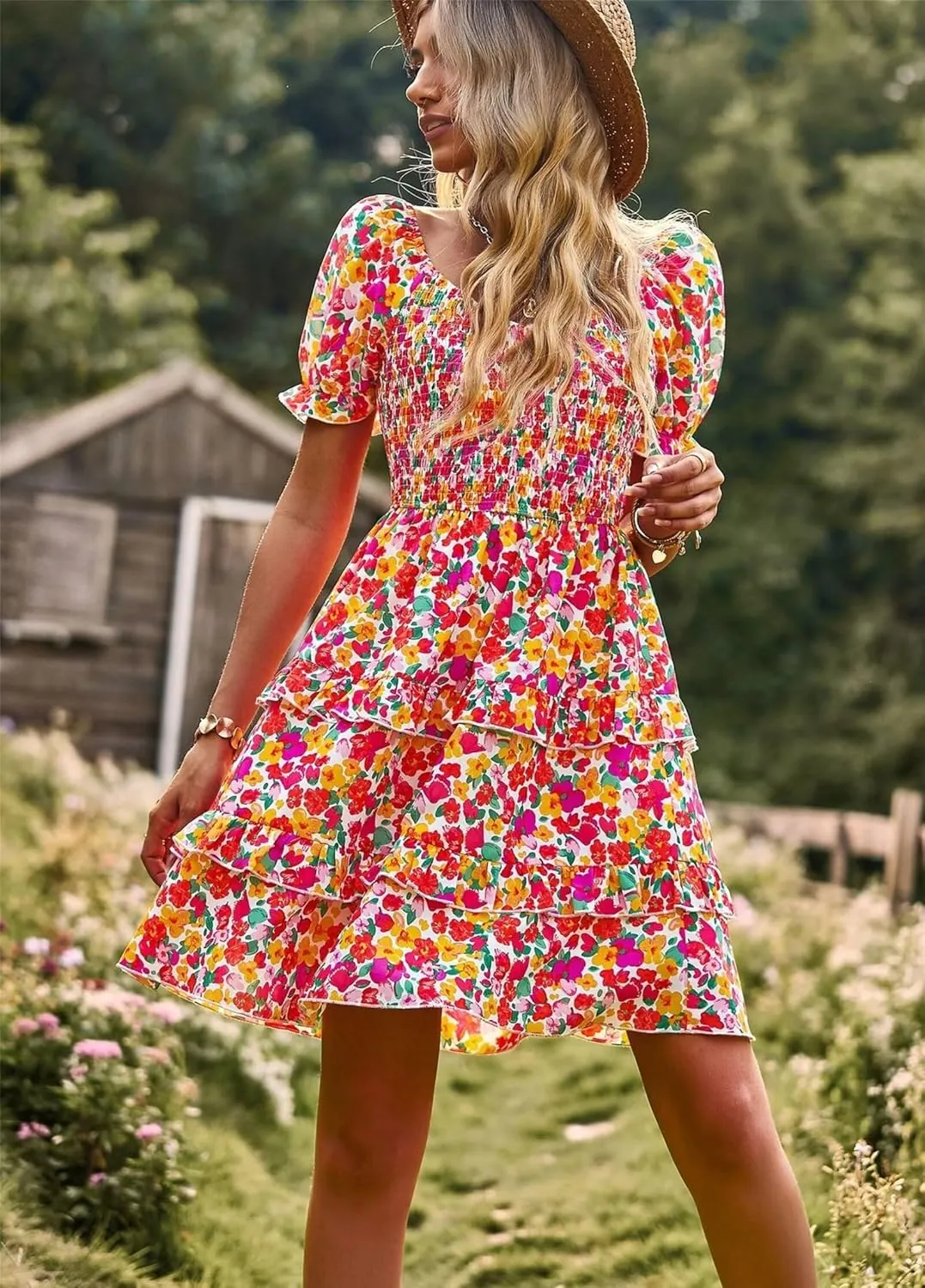 Women Summer Dresses Cute Short Sleeve Backless Mini Sundress Ruffle Flowy Boho Dresses Sexy Beach Dresses Date Night