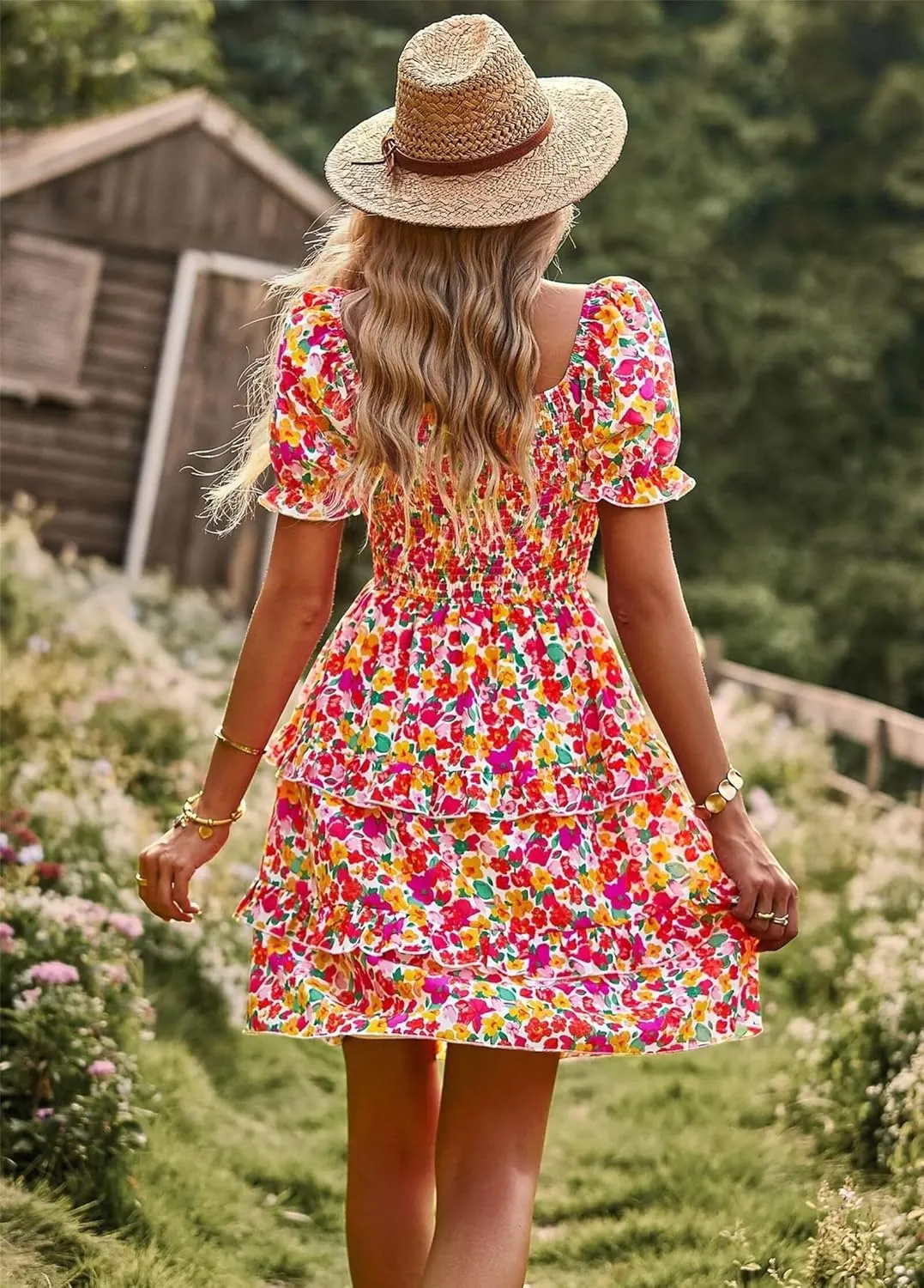 Women Summer Dresses Cute Short Sleeve Backless Mini Sundress Ruffle Flowy Boho Dresses Sexy Beach Dresses Date Night