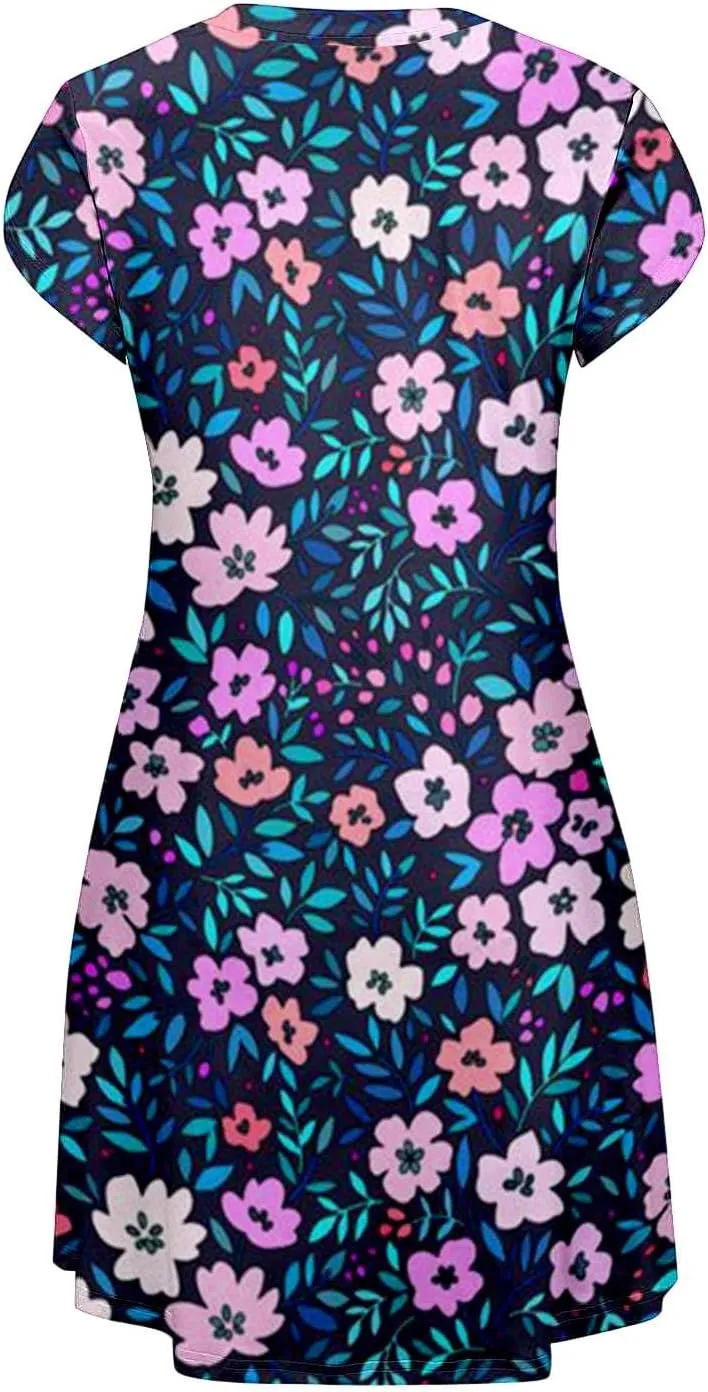 Women Summer Floral Dress 2025 Short Sleeve Beach Sundress Crew Neck Casual Flowy A-Line Dresses Vacation Outfits