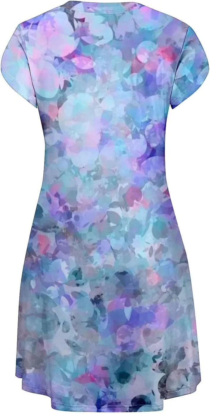 Women Summer Floral Dress 2025 Short Sleeve Beach Sundress Crew Neck Casual Flowy A-Line Dresses Vacation Outfits