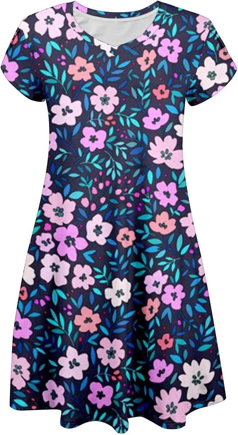 Women Summer Floral Dress 2025 Short Sleeve Beach Sundress Crew Neck Casual Flowy A-Line Dresses Vacation Outfits