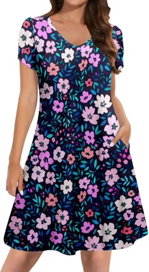 Women Summer Floral Dress 2025 Short Sleeve Beach Sundress Crew Neck Casual Flowy A-Line Dresses Vacation Outfits