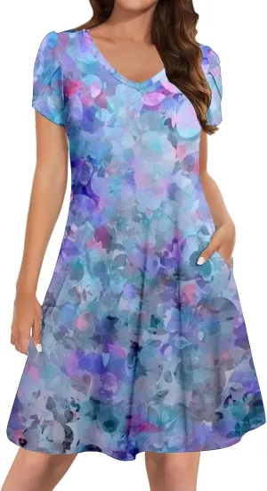 Women Summer Floral Dress 2025 Short Sleeve Beach Sundress Crew Neck Casual Flowy A-Line Dresses Vacation Outfits