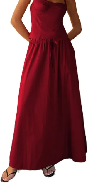 Women Summer Flowy Long Skirt Solid Color Drawstring Elastic Waist Low Rise Boho Maxi Skirt A-Line Flare Skirt
