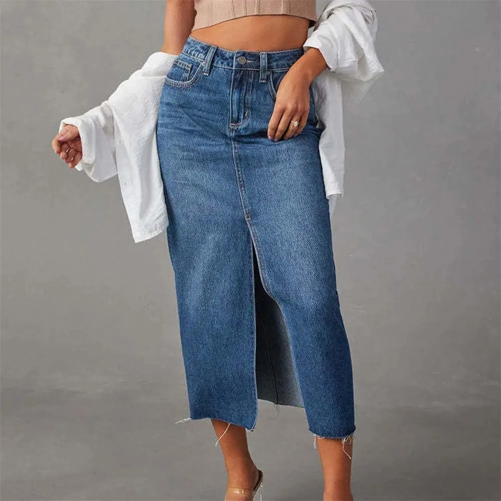 Women Summer Midi Denim Skirts Vintage Button Down High Waisted Front Jeans Skirt