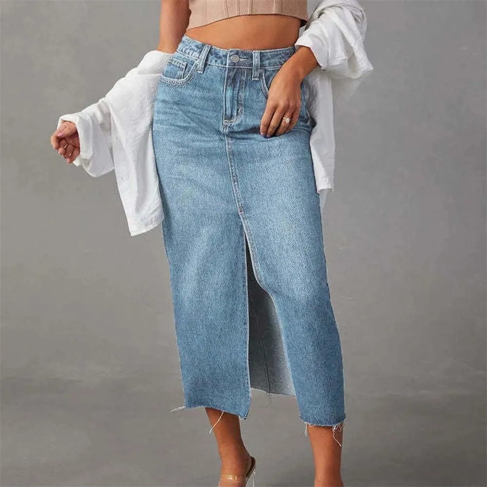 Women Summer Midi Denim Skirts Vintage Button Down High Waisted Front Jeans Skirt