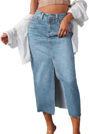 Women Summer Midi Denim Skirts Vintage Button Down High Waisted Front Jeans Skirt