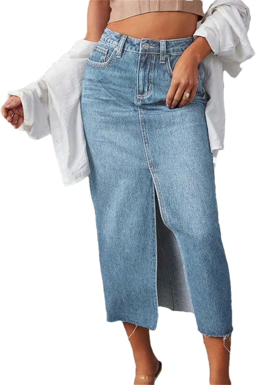 Women Summer Midi Denim Skirts Vintage Button Down High Waisted Front Jeans Skirt