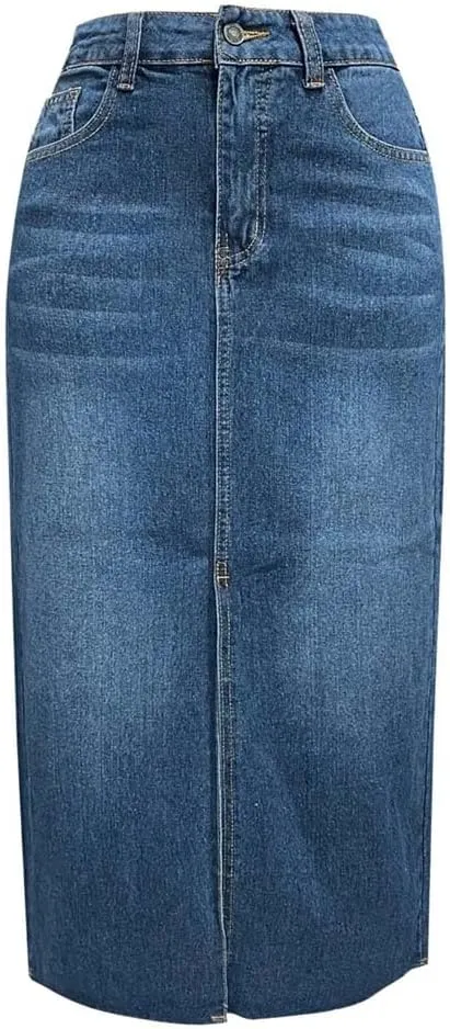 Women Summer Midi Denim Skirts Vintage Button Down High Waisted Front Jeans Skirt