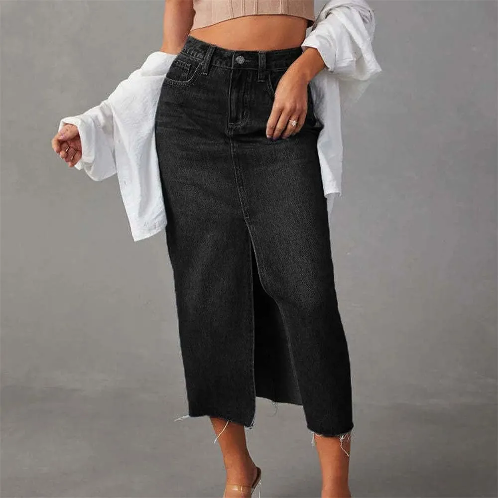Women Summer Midi Denim Skirts Vintage Button Down High Waisted Front Jeans Skirt
