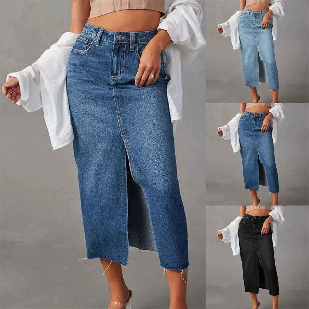 Women Summer Midi Denim Skirts Vintage Button Down High Waisted Front Jeans Skirt