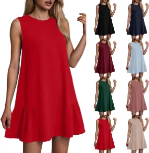 Women Summer Tank Dresses Round Neck Sleeveless T Shirt Dress A-Line Ruffle Hem Mini Dress Beach Vacation Sundresses