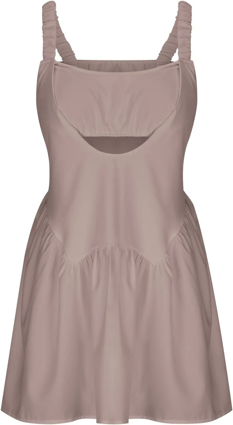 Women Tennis Dress with Built in Shorts and Bra Sleeveless Casual Backless Golf Dress Athletic Dress with Pockets
