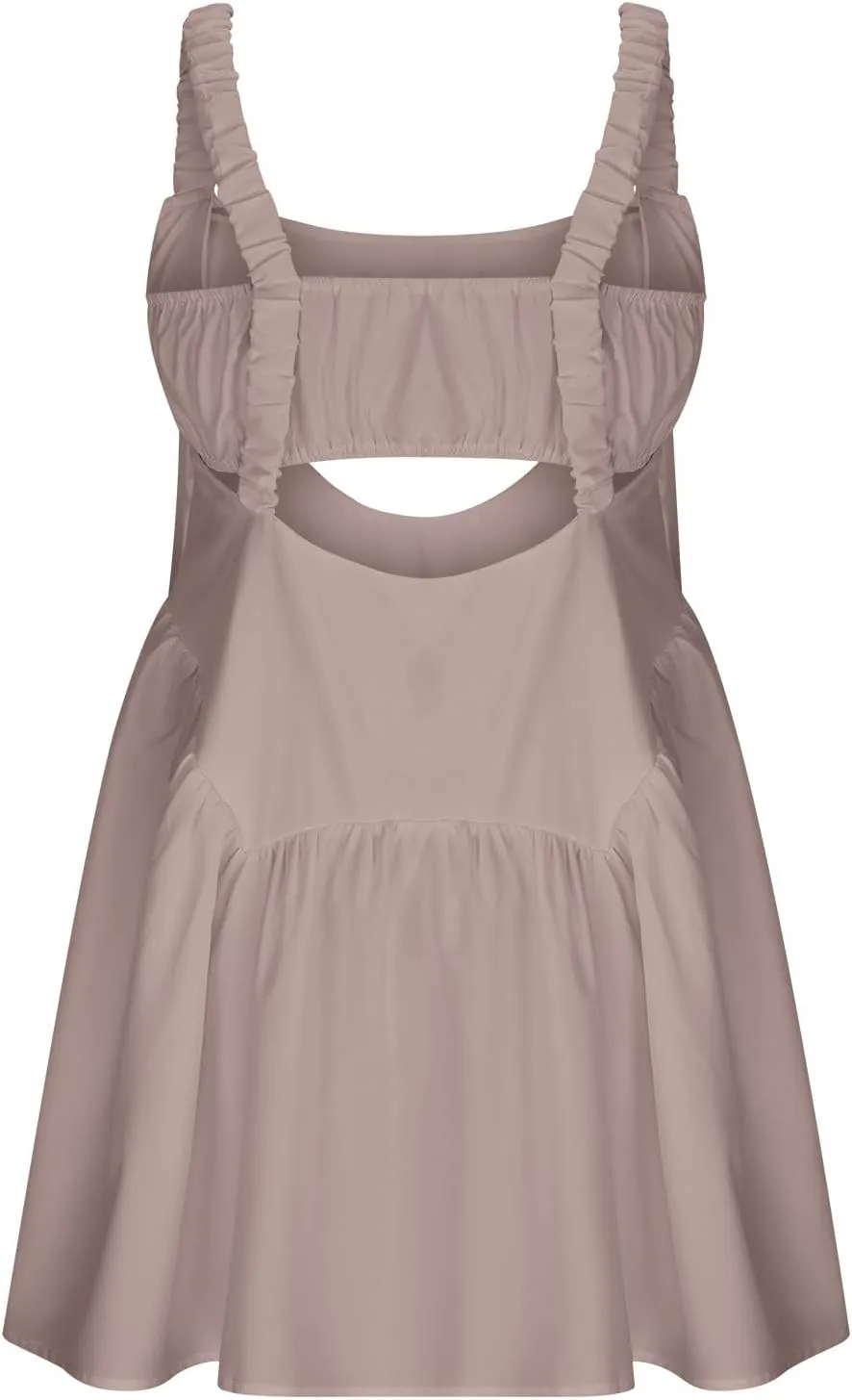 Women Tennis Dress with Built in Shorts and Bra Sleeveless Casual Backless Golf Dress Athletic Dress with Pockets