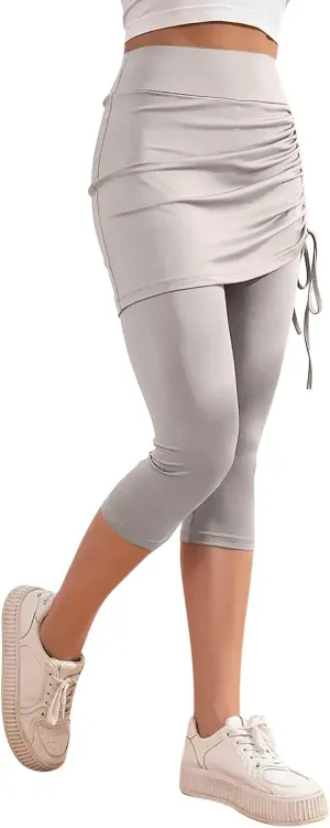 Women Tennis Skirt with Capris Leggings High Waist Drawstring Tie Athletic Golf Knee Length Skorts