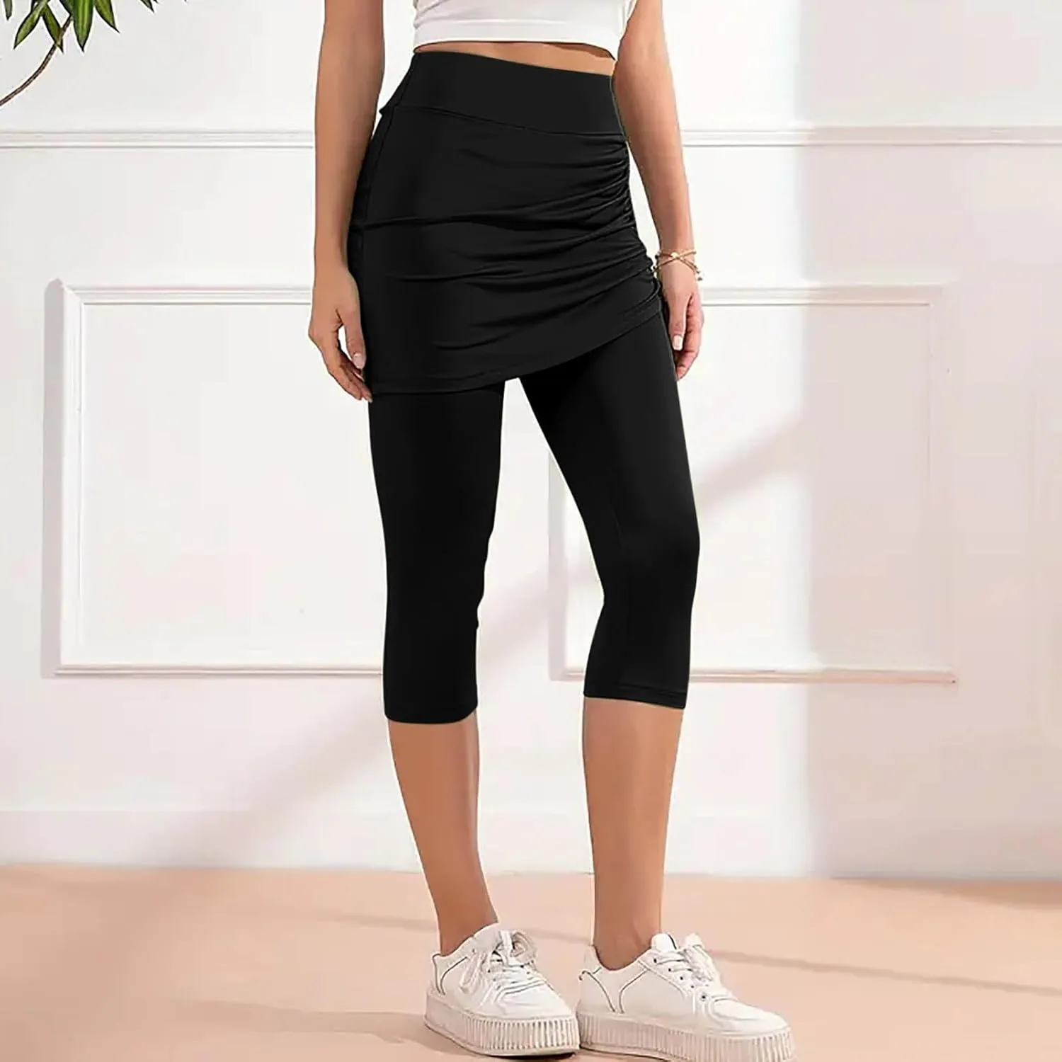 Women Tennis Skirt with Capris Leggings High Waist Drawstring Tie Athletic Golf Knee Length Skorts