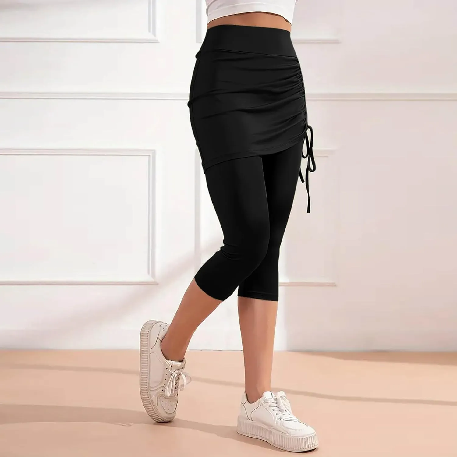 Women Tennis Skirt with Capris Leggings High Waist Drawstring Tie Athletic Golf Knee Length Skorts