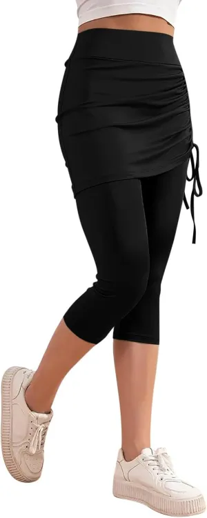 Women Tennis Skirt with Capris Leggings High Waist Drawstring Tie Athletic Golf Knee Length Skorts
