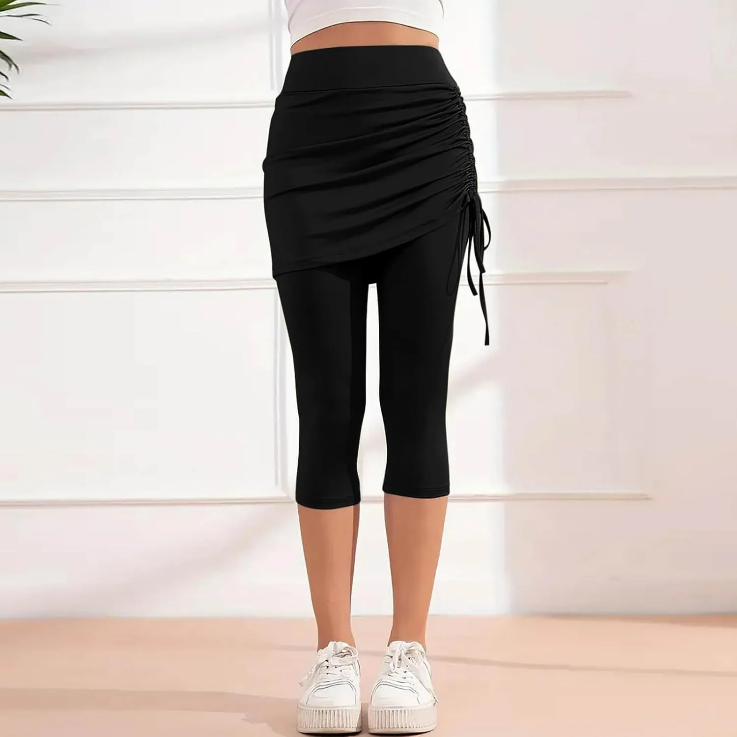 Women Tennis Skirt with Capris Leggings High Waist Drawstring Tie Athletic Golf Knee Length Skorts