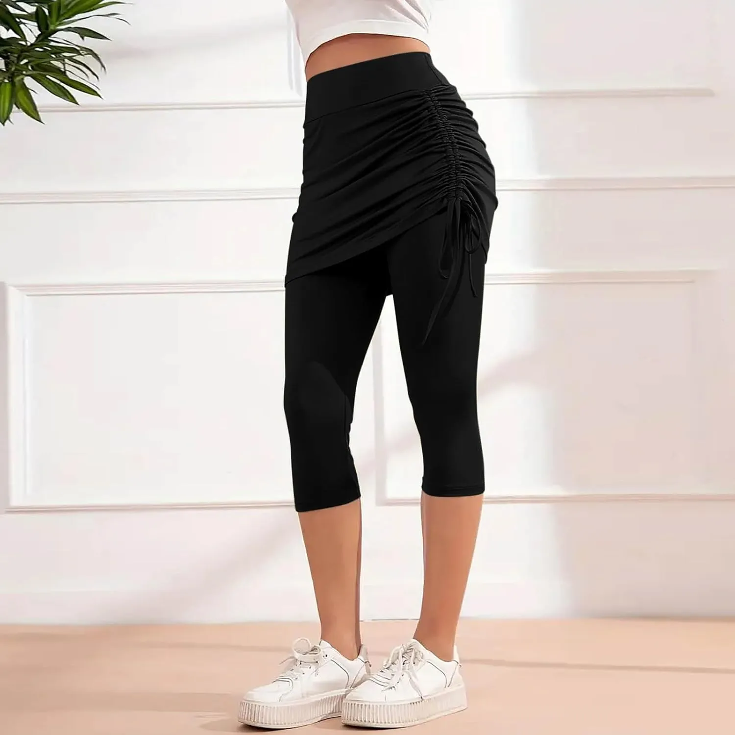 Women Tennis Skirt with Capris Leggings High Waist Drawstring Tie Athletic Golf Knee Length Skorts