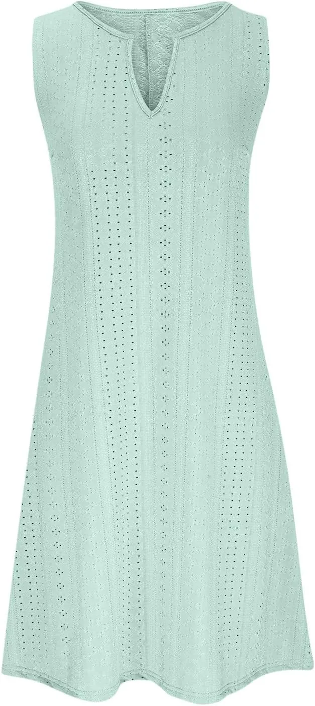 Women V Neck Eyelet Dresses Sleeveless Knee Length Tank Dress 2025 Summer Casual Tunic Sun Dress Vacation Beach Dress