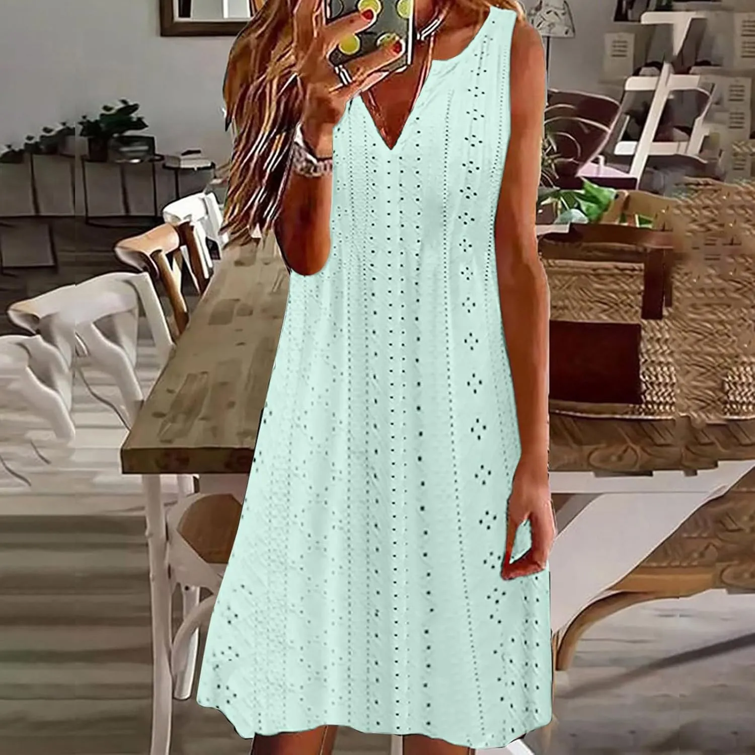 Women V Neck Eyelet Dresses Sleeveless Knee Length Tank Dress 2025 Summer Casual Tunic Sun Dress Vacation Beach Dress