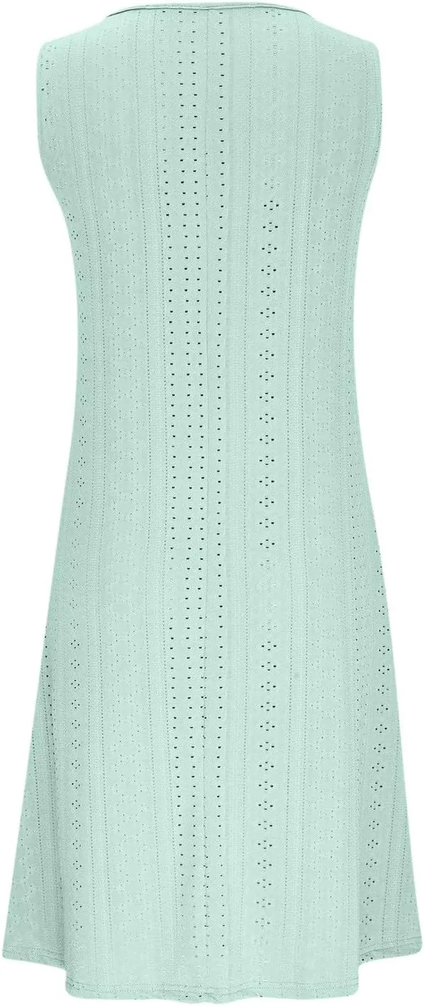 Women V Neck Eyelet Dresses Sleeveless Knee Length Tank Dress 2025 Summer Casual Tunic Sun Dress Vacation Beach Dress