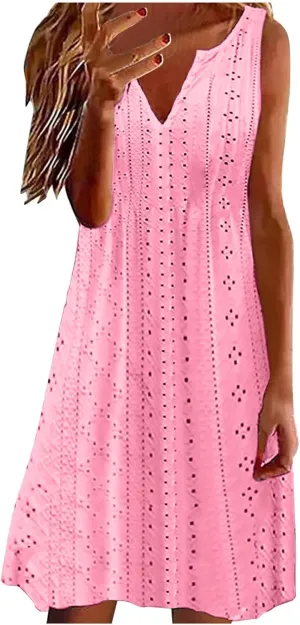 Women V Neck Eyelet Dresses Sleeveless Knee Length Tank Dress 2025 Summer Casual Tunic Sun Dress Vacation Beach Dress