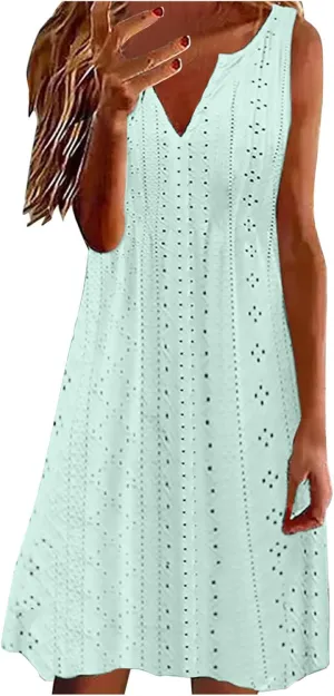Women V Neck Eyelet Dresses Sleeveless Knee Length Tank Dress 2025 Summer Casual Tunic Sun Dress Vacation Beach Dress