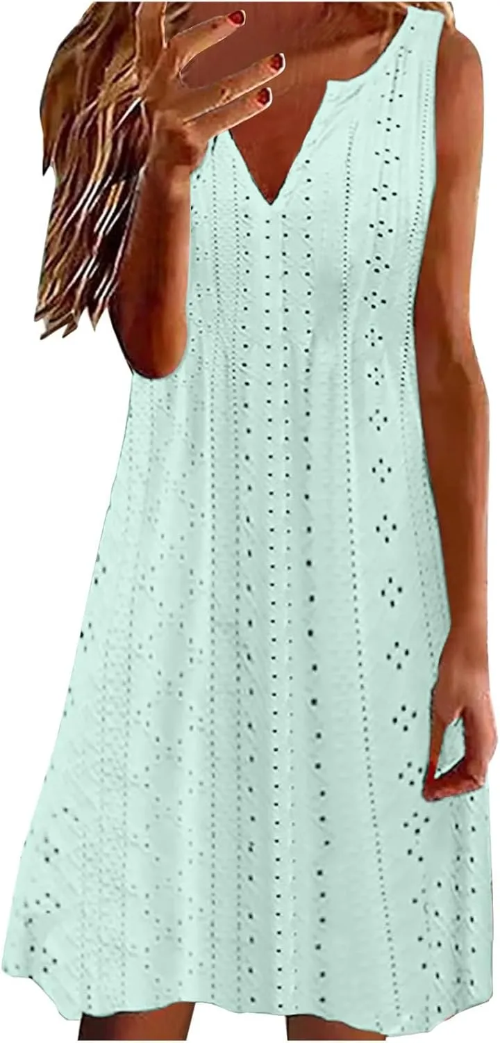 Women V Neck Eyelet Dresses Sleeveless Knee Length Tank Dress 2025 Summer Casual Tunic Sun Dress Vacation Beach Dress