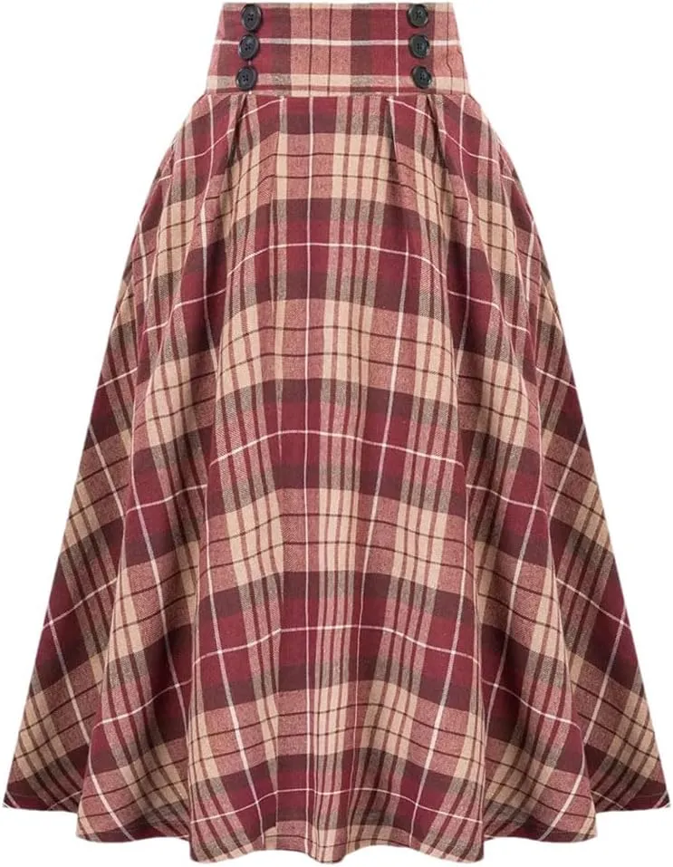 Women Vintage Skirt High Waist Pleated Skirt Womens Double Breasted with Pockets A-Line Midi Skirt