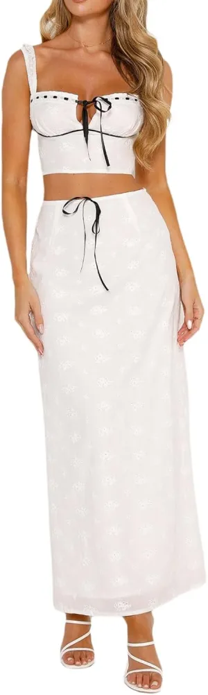 Women Y2k 2 Piece Maxi Skirt Set Floral Crop Top Bodycon Long Skirt Going Out Streetwear Outfits