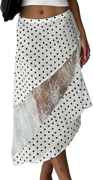 Women Y2k Floral Lace Patchwork Maxi Skirt Sexy Asymmetrical A Line Flowy Zip Elegant Midi Long Skirts Summer