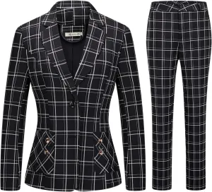 Womens 2 Piece Plaid Suits Set Business Office One Button Blazer Jacket Casual Long Sleeve Pant Suit Set