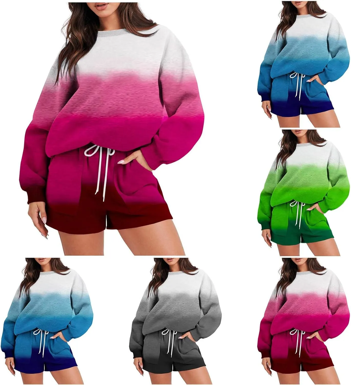 Womens 2 Piece Sweatsuit Sets Gradient Long Sleeve Sweatshirt Matching Lounge Sets Short Pants Set Loungewear